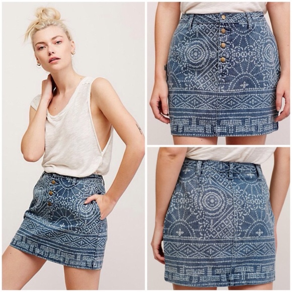 Free People Blue Printed Denim Mini Skirt
